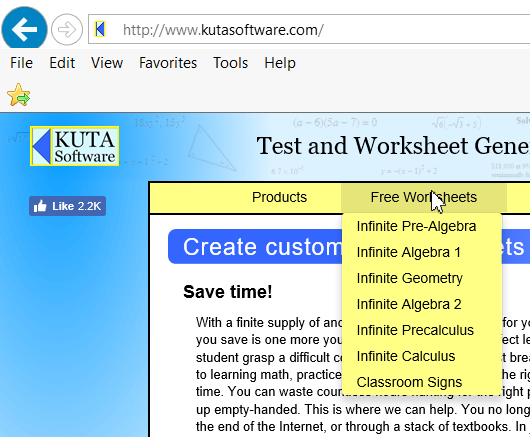 Kuta Software worksheet categories