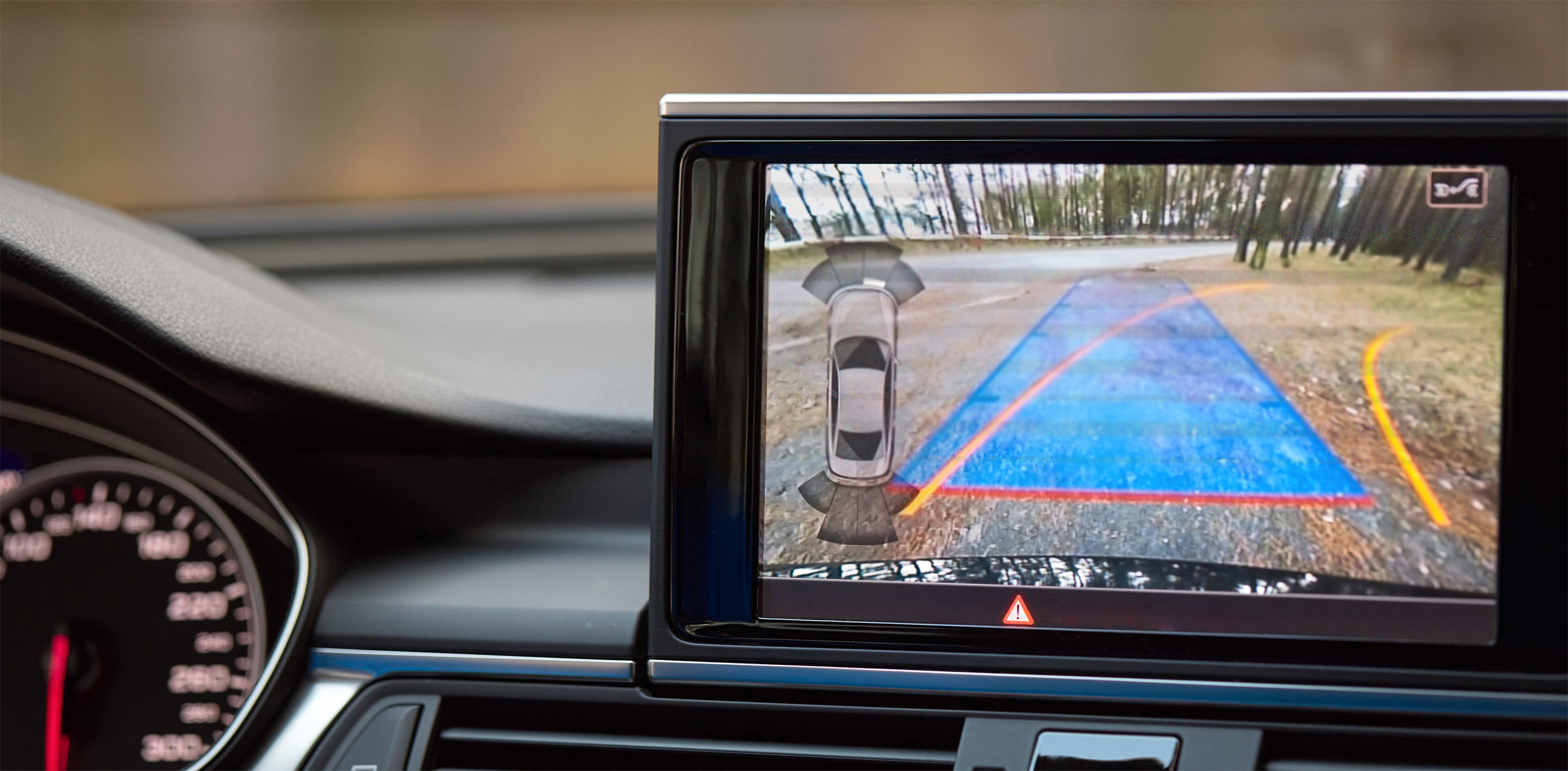 Rear view ADAS safety camera screen with interference.