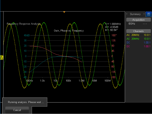 While the FRA application is running, you can view the waveform generator sweep (yellow) and the output response (green).