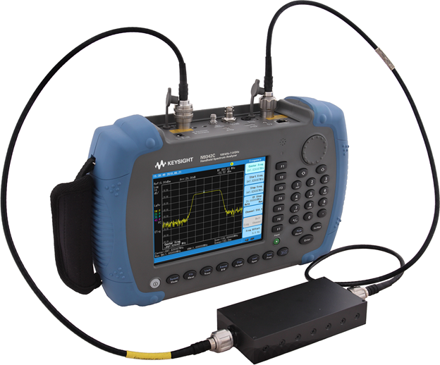 a tracking generator connected to a handheld spectrum analyzer to measure the two-port transmission of filters and amplifiers, including insertion loss, amplifier gain, and filter pass-band.
